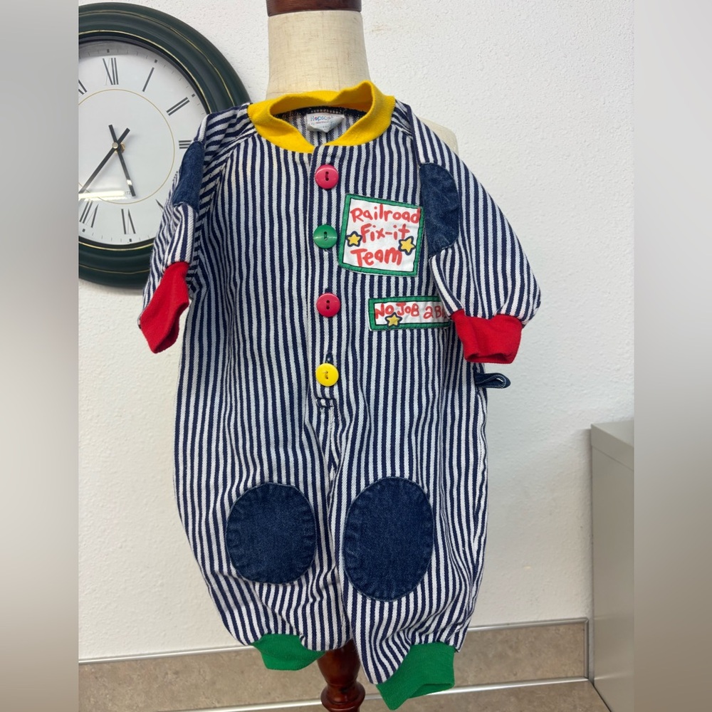 Vintage Railroad Fix-it Team denim Striped Kids One Piece